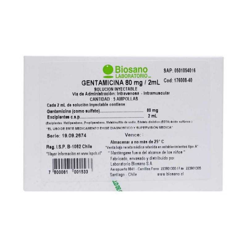 Gentamicina Solución Inyectable 80mg/2mL
