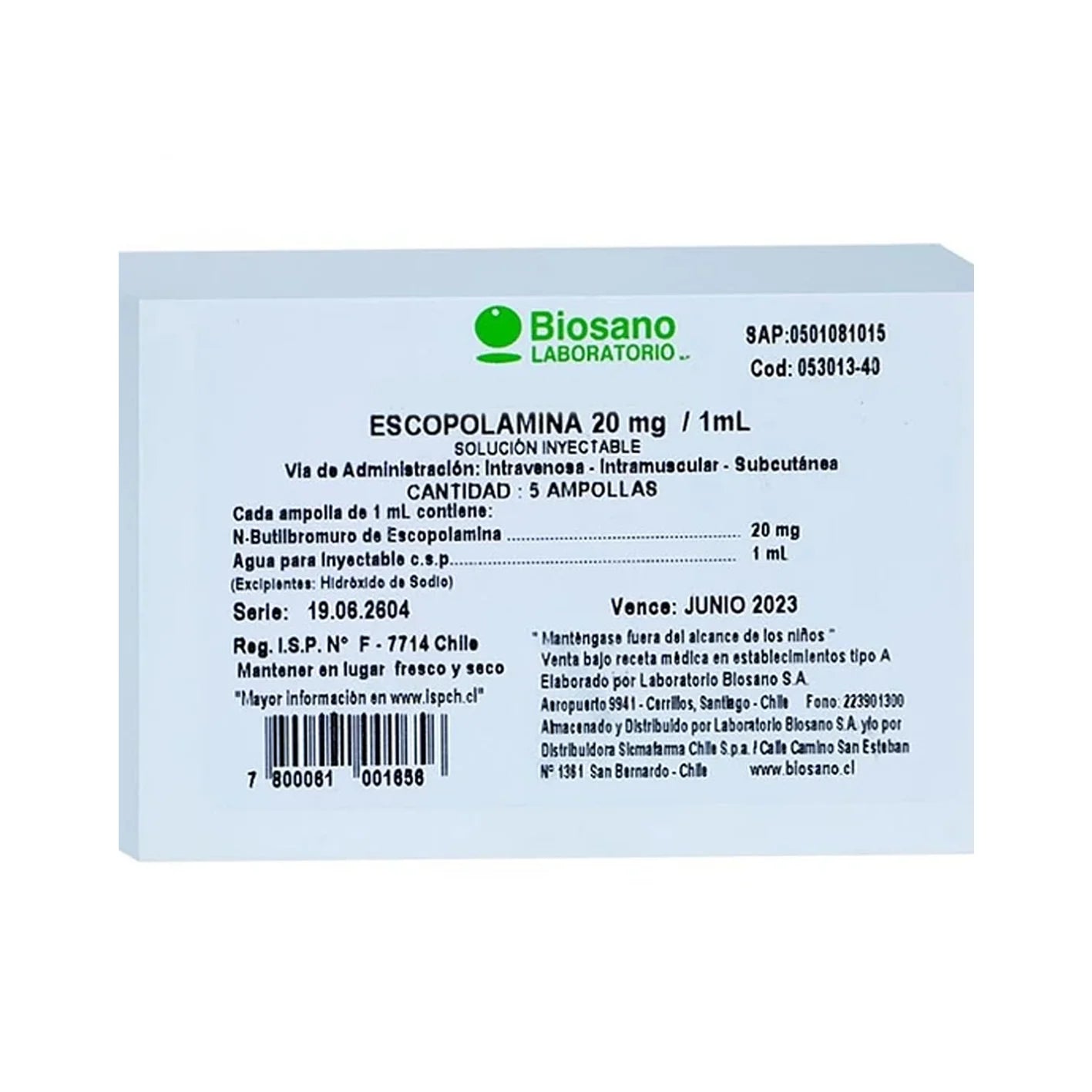 Escopolamina Solución Inyectable 20mg/5ml 5 Ampollas