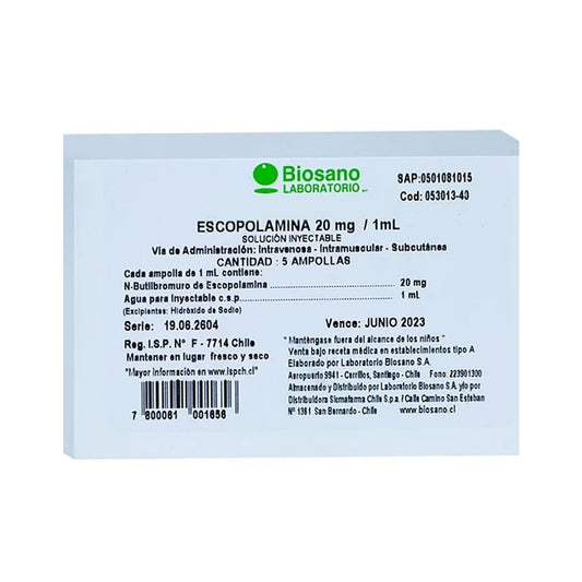Escopolamina Solución Inyectable 20mg/5ml 5 Ampollas